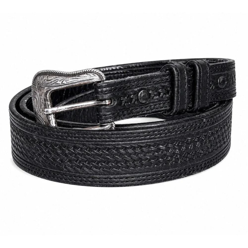 Vtg Vogt Black Leather Western Belt 46 Basketweave Tooled Silver Engraved Buckle